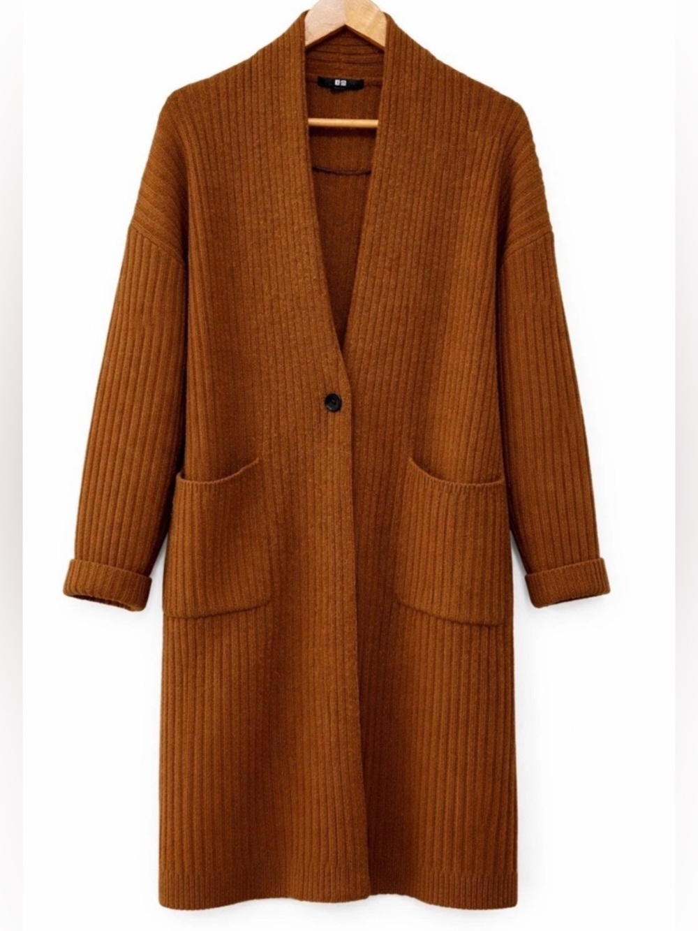 Uniqlo Brown Ribbed Long Cardigan Wool Blend Cozy Open Front Small - Picture 2 of 8